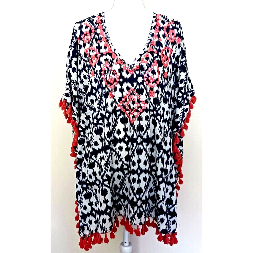 Beaches & Boho Swim Cover Up Blue Ikat Coral Tassel Fringe S/M